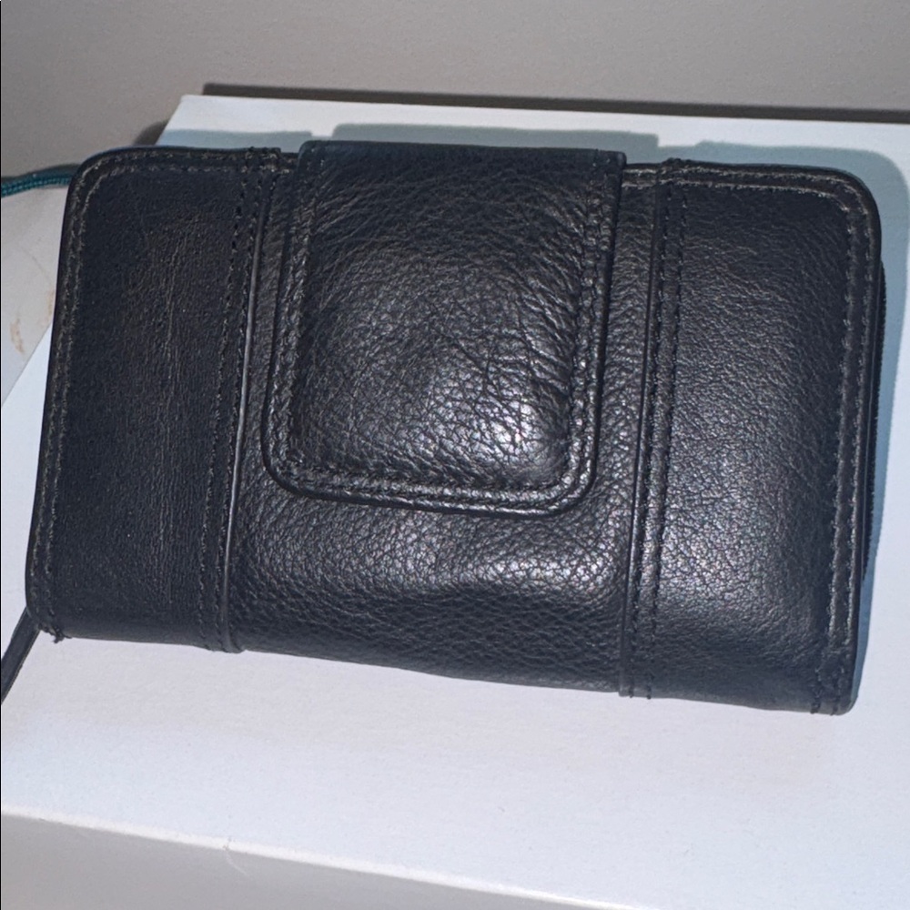 Black Genuine Leather mini zip-around wallet with multiple compartments